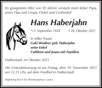Traueranzeige von Hans Haberjahn  von Magdeburger Volksstimme