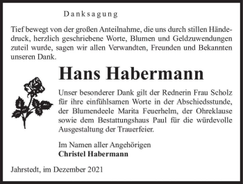 Traueranzeige von Hans Habermann  von Magdeburger Volksstimme