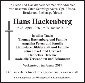 Traueranzeige von Hans Hackenberg  von Magdeburger Volksstimme