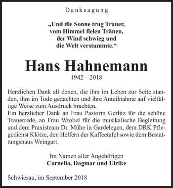 Traueranzeige von Hans Hahnemann  von Magdeburger Volksstimme