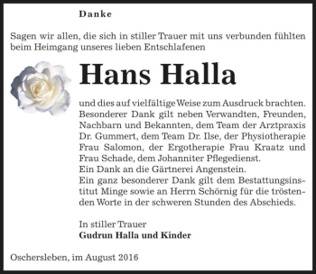 Traueranzeige von Hans Halla  von Magdeburger Volksstimme