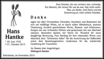 Traueranzeige von Hans Hantke  von Magdeburger Volksstimme