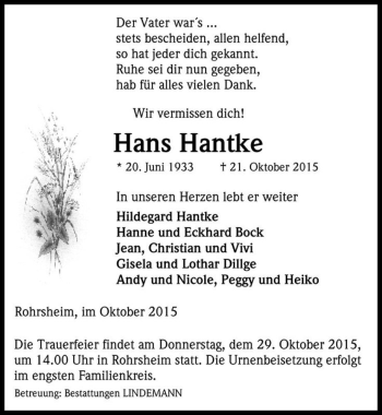 Traueranzeige von Hans Hantke  von Magdeburger Volksstimme