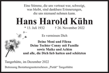 Traueranzeige von Hans Harold Kühn  von Magdeburger Volksstimme