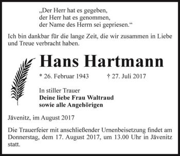Traueranzeige von Hans Hartmann  von Magdeburger Volksstimme
