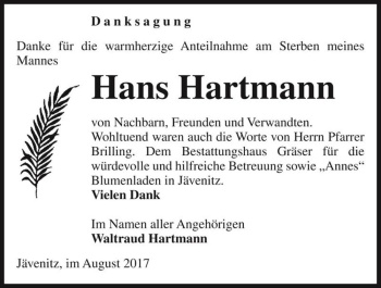 Traueranzeige von Hans Hartmann  von Magdeburger Volksstimme