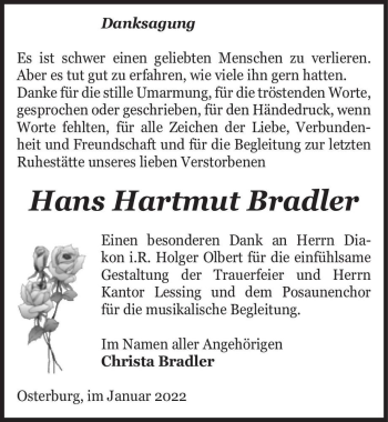 Traueranzeige von Hans Hartmut Bradler  von Magdeburger Volksstimme