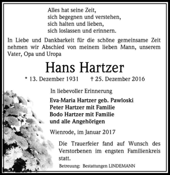 Traueranzeige von Hans Hartzer  von Magdeburger Volksstimme