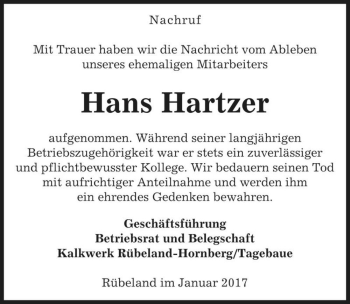 Traueranzeige von Hans Hartzer  von Magdeburger Volksstimme