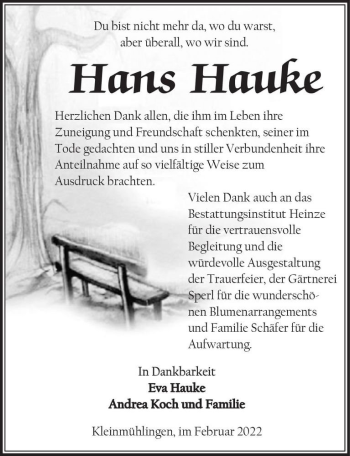 Traueranzeige von Hans Hauke  von Magdeburger Volksstimme