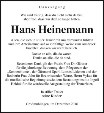 Traueranzeige von Hans Heinemann  von Magdeburger Volksstimme