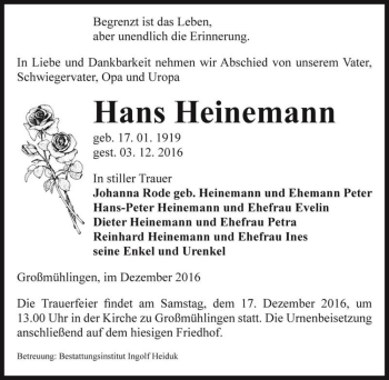 Traueranzeige von Hans Heinemann  von Magdeburger Volksstimme