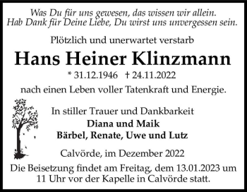 Traueranzeige von Hans Heiner Klinzmann  von Magdeburger Volksstimme