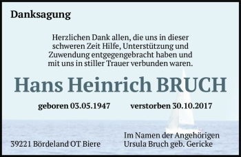 Traueranzeige von Hans Heinrich BRUCH  von Magdeburger Volksstimme