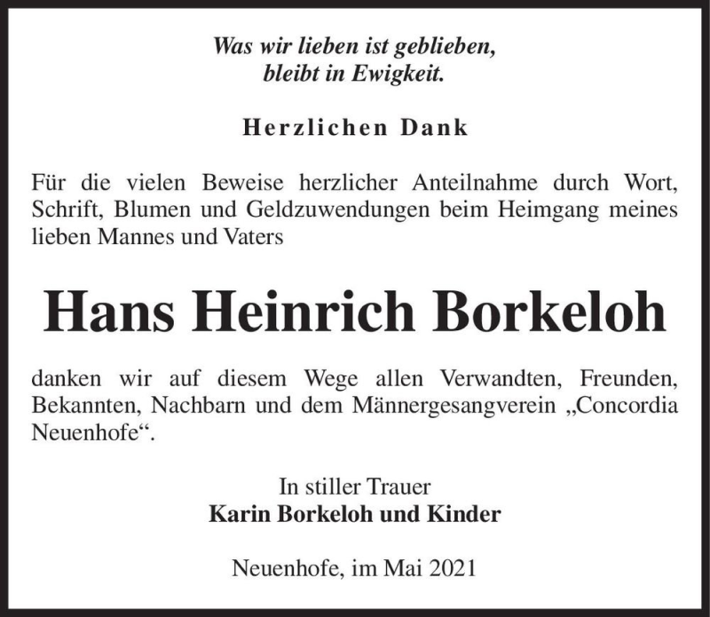  Traueranzeige für Hans Heinrich Borkeloh  vom 15.05.2021 aus Magdeburger Volksstimme