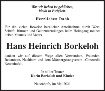 Traueranzeige von Hans Heinrich Borkeloh  von Magdeburger Volksstimme
