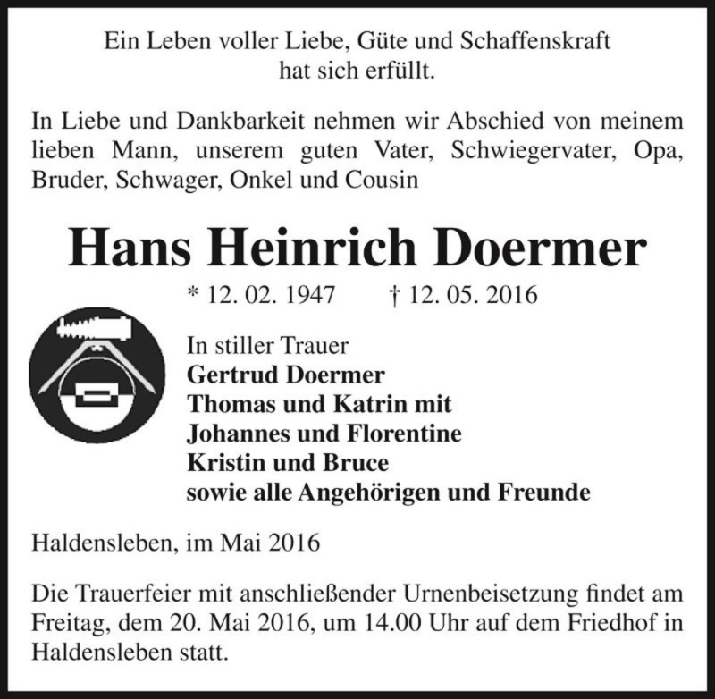  Traueranzeige für Hans Heinrich Doermer  vom 18.05.2016 aus Magdeburger Volksstimme