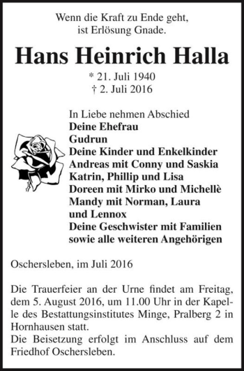 Traueranzeige von Hans Heinrich Halla  von Magdeburger Volksstimme