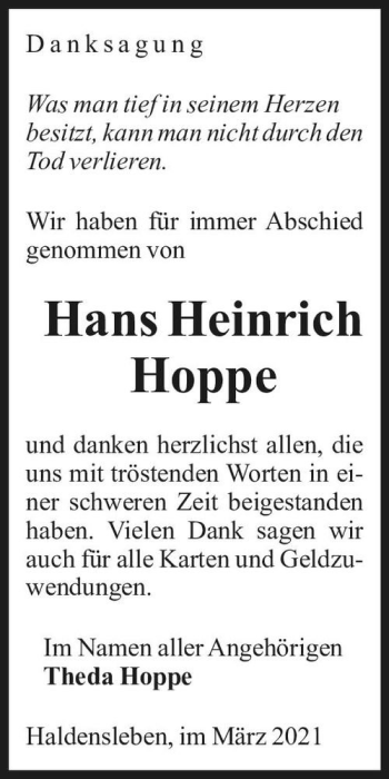 Traueranzeige von Hans Heinrich Hoppe  von Magdeburger Volksstimme