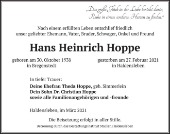 Traueranzeige von Hans Heinrich Hoppe  von Magdeburger Volksstimme