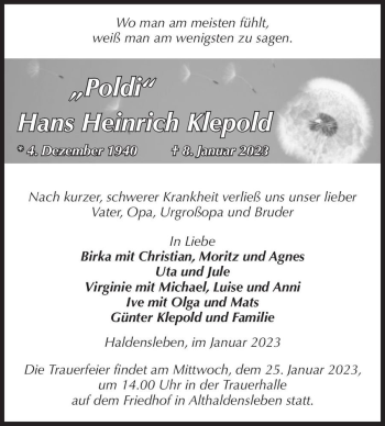 Traueranzeige von Hans Heinrich Klepold 