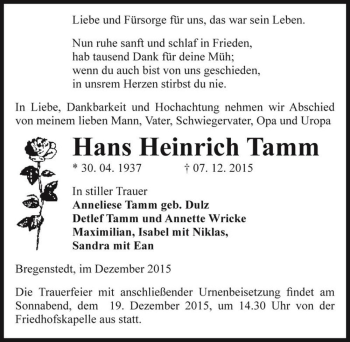Traueranzeige von Hans Heinrich Tamm  von Magdeburger Volksstimme