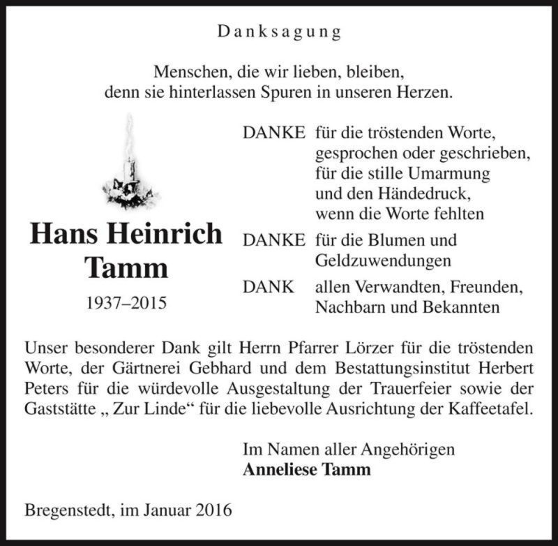  Traueranzeige für Hans Heinrich Tamm  vom 09.01.2016 aus Magdeburger Volksstimme
