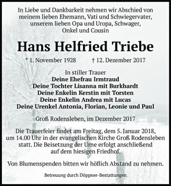 Traueranzeige von Hans Helfried Triebe  von Magdeburger Volksstimme