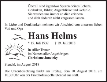 Traueranzeige von Hans Helms  von Magdeburger Volksstimme