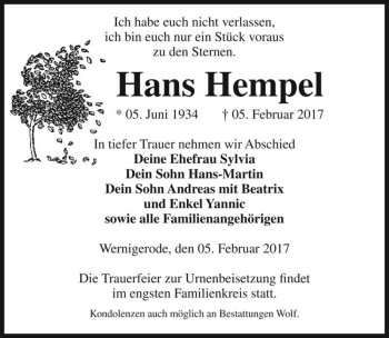 Traueranzeige von Hans Hempel  von Magdeburger Volksstimme