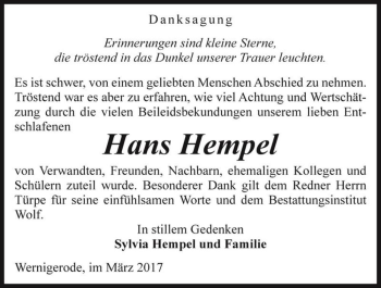Traueranzeige von Hans Hempel  von Magdeburger Volksstimme