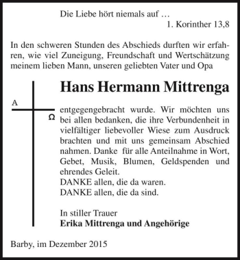 Traueranzeige von Hans Hermann Mittrenga  von Magdeburger Volksstimme