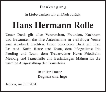 Traueranzeige von Hans Hermann Rolle  von Magdeburger Volksstimme