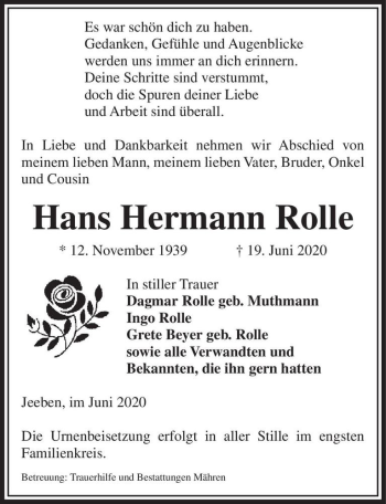 Traueranzeige von Hans Hermann Rolle  von Magdeburger Volksstimme