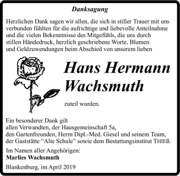 Traueranzeige von Hans Hermann Wachsmuth  von Magdeburger Volksstimme