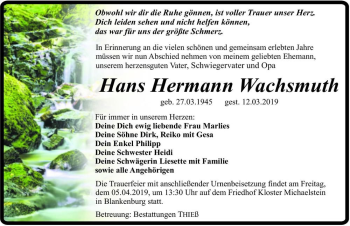 Traueranzeige von Hans Hermann Wachsmuth  von Magdeburger Volksstimme