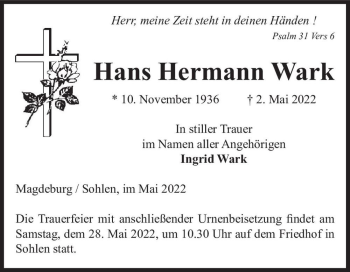 Traueranzeige von Hans Hermann Wark  von Magdeburger Volksstimme