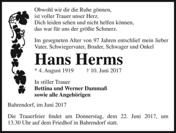 Traueranzeige von Hans Herms  von Magdeburger Volksstimme