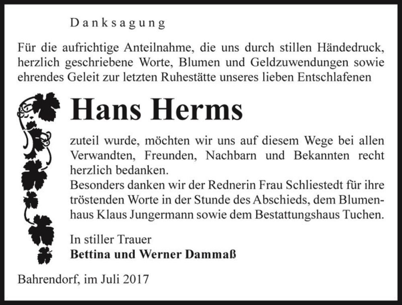  Traueranzeige für Hans Herms  vom 01.07.2017 aus Magdeburger Volksstimme