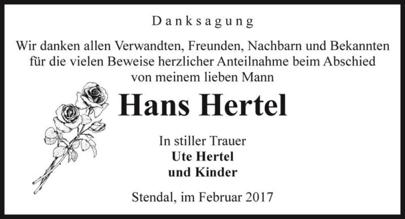  Traueranzeige für Hans Hertel  vom 28.02.2017 aus Magdeburger Volksstimme