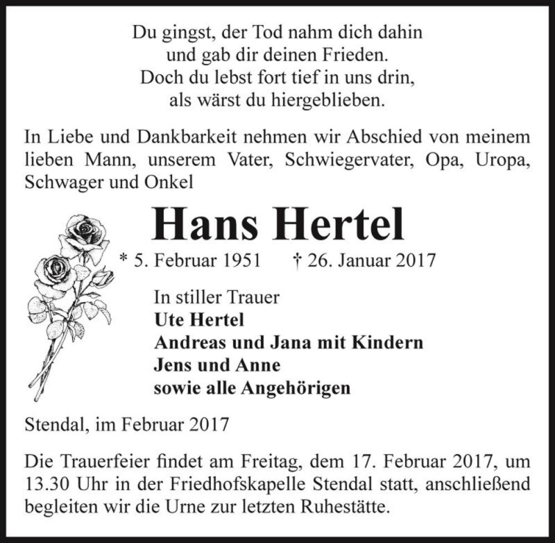  Traueranzeige für Hans Hertel  vom 04.02.2017 aus Magdeburger Volksstimme