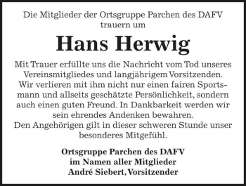 Traueranzeige von Hans Herwig  von Magdeburger Volksstimme