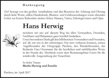 Traueranzeige von Hans Herwig  von Magdeburger Volksstimme