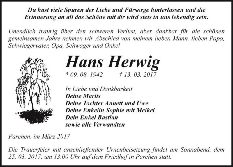  Traueranzeige für Hans Herwig  vom 17.03.2017 aus Magdeburger Volksstimme