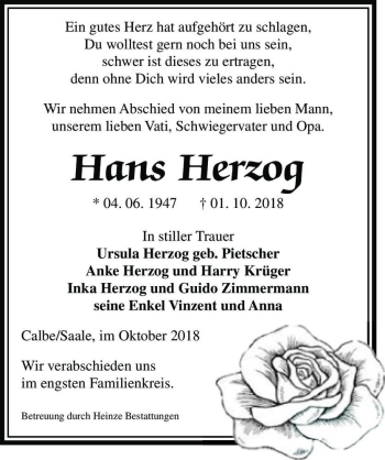 Traueranzeige von Hans Herzog  von Magdeburger Volksstimme