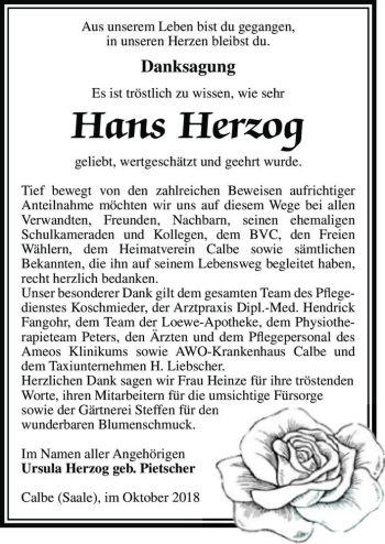 Traueranzeige von Hans Herzog  von Magdeburger Volksstimme