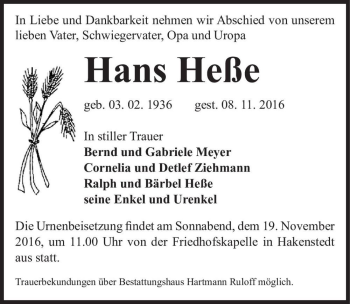 Traueranzeige von Hans Heße  von Magdeburger Volksstimme