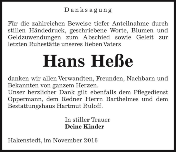 Traueranzeige von Hans Heße  von Magdeburger Volksstimme