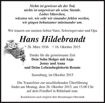 Traueranzeige von Hans Hildebrandt  von Magdeburger Volksstimme