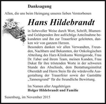 Traueranzeige von Hans Hildebrandt  von Magdeburger Volksstimme